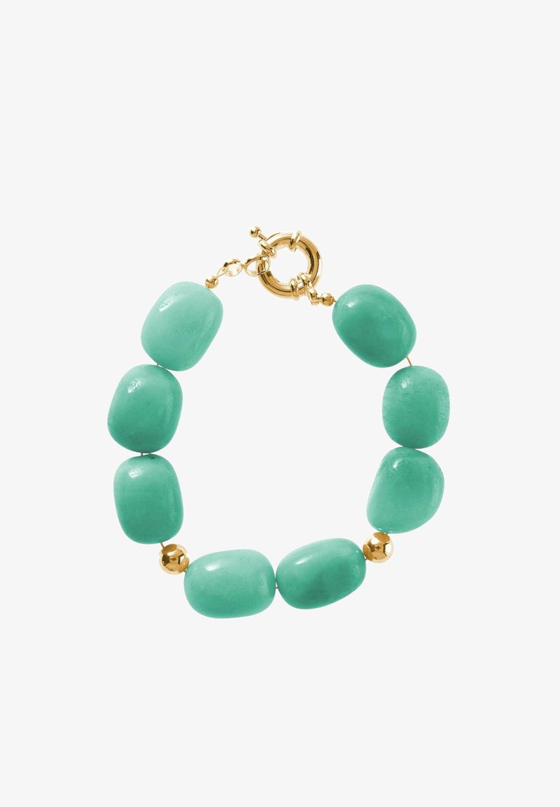 Turquoise beaded bracelet featuring irregular-shaped beads and gold-tone round accents, secured with a gold-tone clasp.