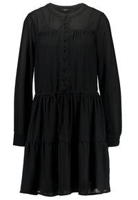 Černé šaty s dlouhým rukávem vyrobené z lehké tkaniny, s kulatým výstřihem, zapínáním na knoflíky a vrstvenou sukní s pasem na šňůrku.