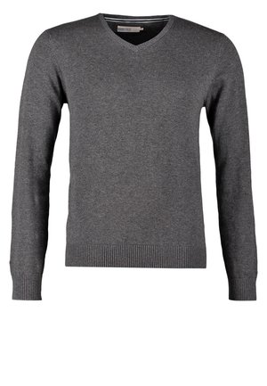 Pull à col V gris en tricot doux. A des manches longues et des bords côtelés aux poignets et à l'ourlet. Design simple, uni sans motifs.