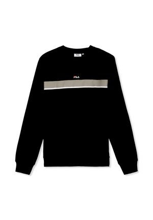 Schwarzes langärmeliges FILA-Sweatshirt mit einem horizontalen beigen und weißen Streifen über der Brust und dem FILA-Logo, das zentriert über dem Streifen angebracht ist.