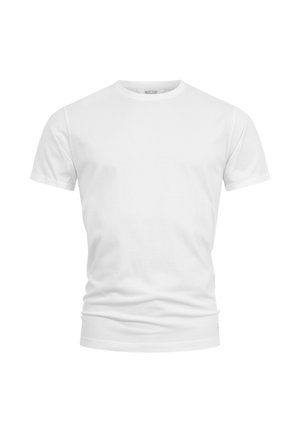Hvid T-shirt med korte ærmer og rund hals, slim fit og glat stoftekstur, vist mod en hvid baggrund.