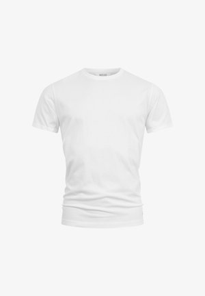 T-shirt bianca semplice a maniche corte con scollo girocollo, vestibilità slim e tessuto dalla texture liscia, mostrata su sfondo bianco.