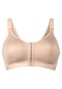 Beige drahtloser BH mit breiten Trägern, vorderer Hakenverschluss und atmungsaktivem Mesh-Einsatz in der Mitte. Glattes Material mit weicher Textur und vollständiger Abdeckung.