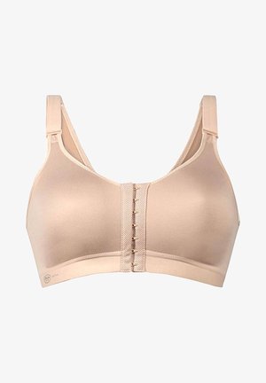 Beige drahtloser BH mit breiten Trägern, vorderer Hakenverschluss und atmungsaktivem Mesh-Einsatz in der Mitte. Glattes Material mit weicher Textur und vollständiger Abdeckung.