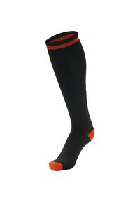Calzino nero al ginocchio con texture a costine, caratterizzato da accenti arancioni sulla banda superiore e sulla punta. Progettato per comfort e supporto.