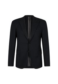 Schwarzer, taillierter Blazer mit Reverskragen, zwei frontalen Taschen und doppelter Knopfleiste. Hat eine subtile Struktur und ein gestreiftes Innenfutter.