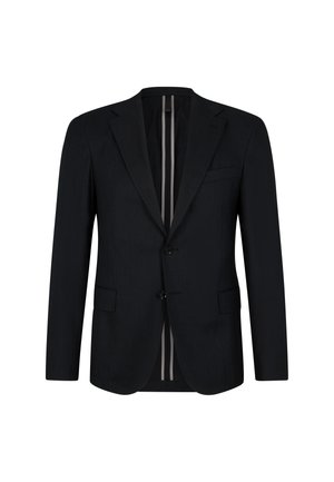 Zwarte op maat gemaakte blazer met een notch lapel, twee voork destructie pockets en een dubbele knoopsluiting. Beschikt over een subtiele textuur en gestreepte binnenvoering.