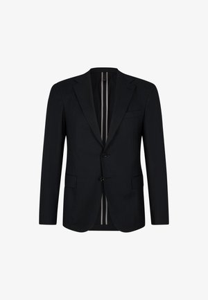 Czarna, dopasowana marynarka z wyłogiem, dwoma przednimi kieszeniami i podwójnym zapięciem na guziki. Posiada subtelny wzór tekstury oraz w paski podszewkę wewnętrzną.