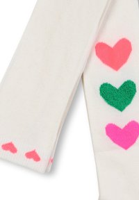 Calze bianche al ginocchio con motivi a cuore colorati in rosa e verde, con piccoli cuori sul risvolto, realizzate in un morbido materiale testurizzato.