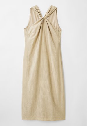 Beige sleeveless dress with a knotted back design, made from a textured fabric, featuring a straight silhouette and a knee-length cut.