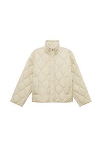 Gequilte beige jas met hoge kraag, twee voorzakken en drukknoopsluiting. Heeft een gladde textuur en een ronde stikpatroon.
