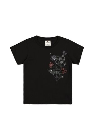 Czarny bawełniany t-shirt z krótkim rękawem, z graficznym wzorem róż, gwiazd i abstrakcyjnych kształtów w kolorze czerwonym i białym, umiejscowionym na środku przodu.