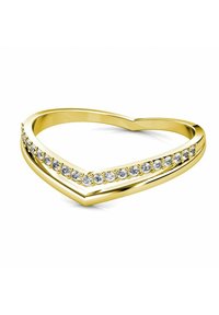 Gouden ring in de vorm van een hart met een rij heldere edelstenen langs de band. Het ontwerp is glad met een gepolijste afwerking.