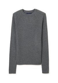 Grijze lange mouw sweater in een ribbelstructuur met een ronde nek en raglanmouwen. Heeft een effen kleur zonder patronen of accenten.