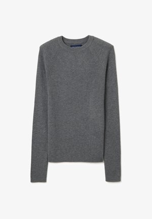 Grijze lange mouw sweater in een ribbelstructuur met een ronde nek en raglanmouwen. Heeft een effen kleur zonder patronen of accenten.