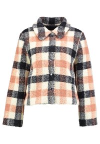 Fleece bunda s cropped designem, zdobená růžovým, bílým a námořnickým kostkovým vzorem, kulatým límcem a předním zapínáním na knoflíky.