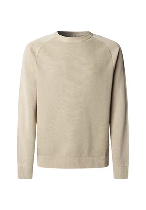 Beiger Pullover mit strukturiertem Strickmuster, gerippten Bündchen und Saum, Rundhalsausschnitt und einem Logodetail auf der Brust. Verfügt über Raglanärmel.