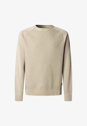 Beiger Pullover mit strukturiertem Strickmuster, gerippten Bündchen und Saum, Rundhalsausschnitt und einem Logodetail auf der Brust. Verfügt über Raglanärmel.