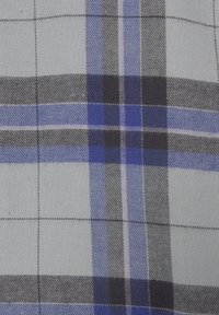 Plaid fabric featuring gray, black, and blue lines with a texture that suggests a woven textile. Notable patterns include horizontal and vertical stripes.