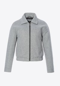 Graue Fischgrätenjacke mit umgeschlagenem Kragen, Reißverschluss vorne und geripptem Saum. Verfügt über lange Ärmel und eine strukturierte Stoffoberfläche.