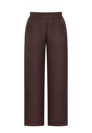 Dunkelbraune Hosen mit weitem Bein, elastischem Bund und seitlichen Taschen, aus glattem Stoff gefertigt.
