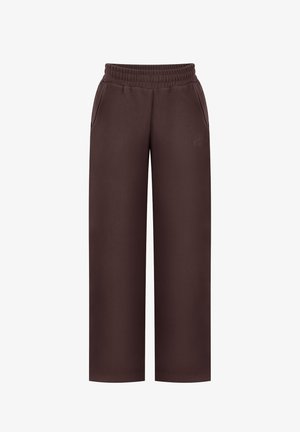 Dunkelbraune Hosen mit weitem Bein, elastischem Bund und seitlichen Taschen, aus glattem Stoff gefertigt.