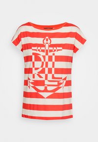 Red and white horizontal striped short-sleeve shirt with a large red anchor graphic and the letters "RLL" on the front.