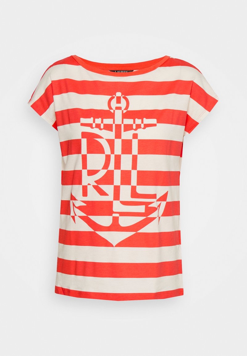 Red and white horizontal striped short-sleeve shirt with a large red anchor graphic and the letters "RLL" on the front.