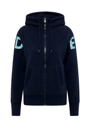 Navy zip-up hoodie made of cotton blend, featuring a hood, two front pockets, and textured aqua accents on sleeves with letters.