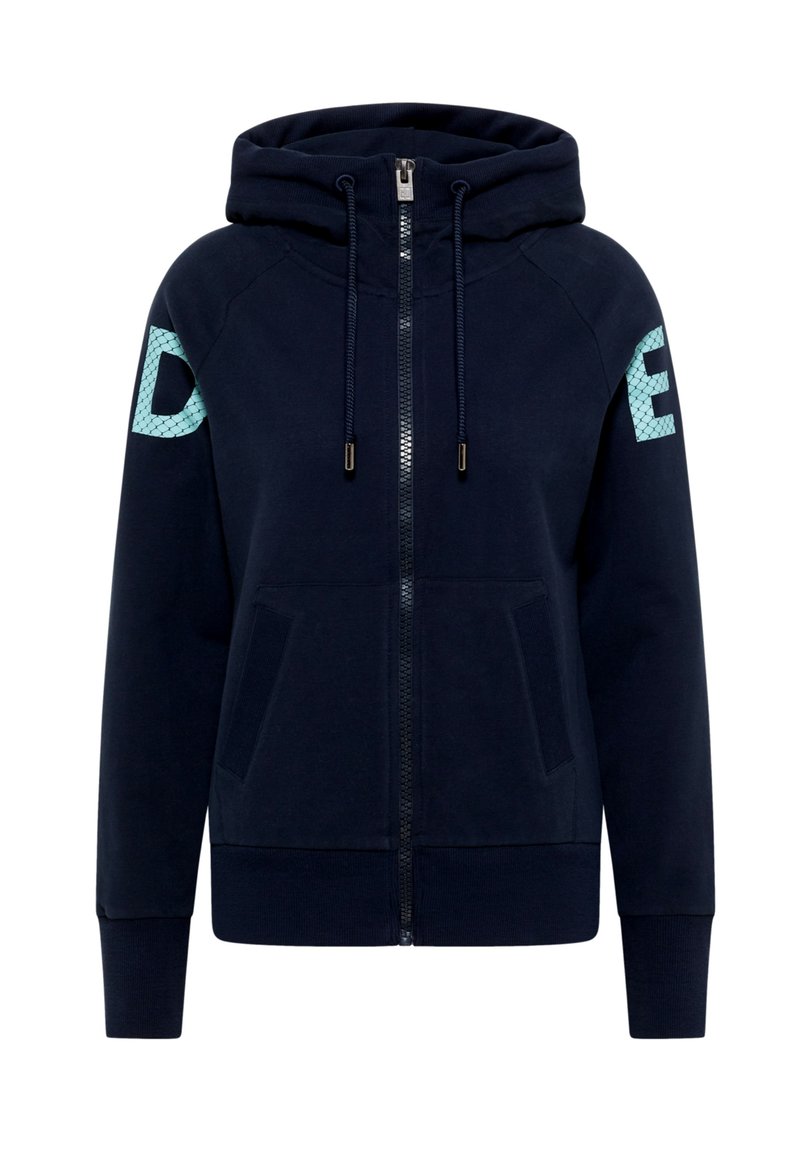 Navy zip-up hoodie made of cotton blend, featuring a hood, two front pockets, and textured aqua accents on sleeves with letters.
