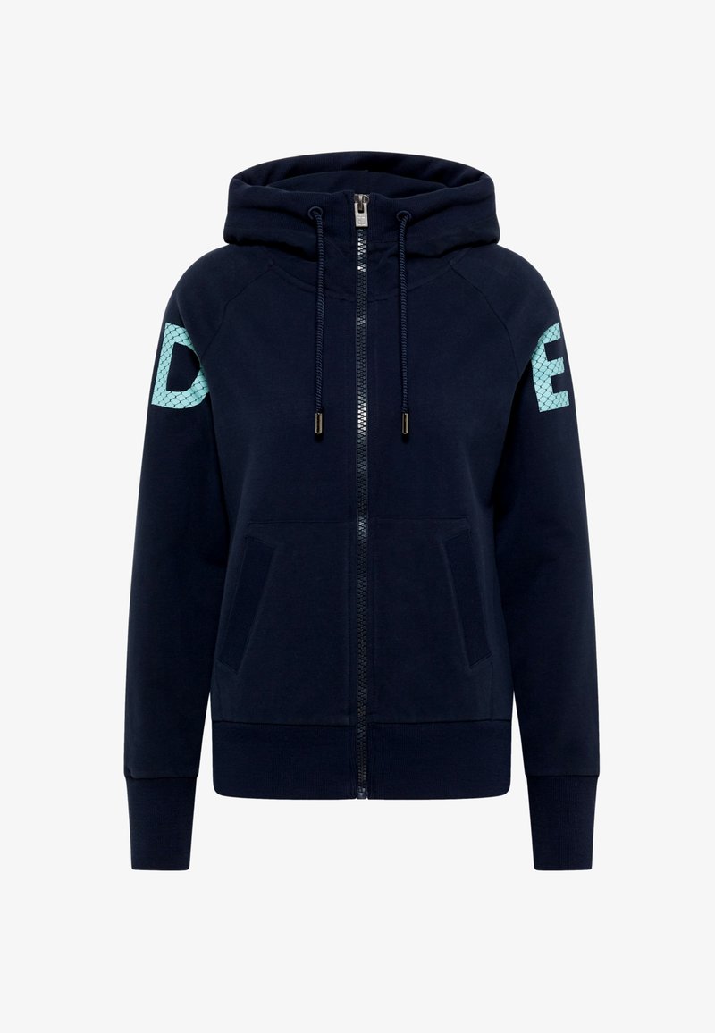 Navy zip-up hoodie made of cotton blend, featuring a hood, two front pockets, and textured aqua accents on sleeves with letters.
