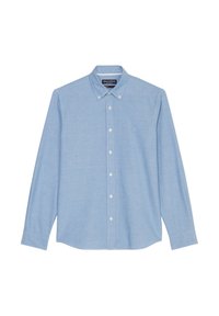 Light blue button-up shirt with long sleeves, soft texture, collar, and white buttons; features a small embroidered logo on the chest.