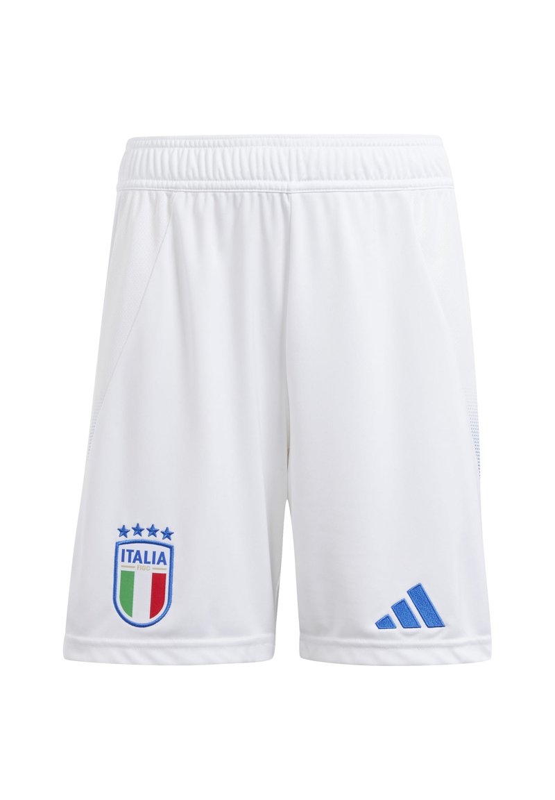 Białe sportowe szorty z elastycznym pasem, z niebieskim logo Adidas oraz haftem z emblematem "ITALIA" z tarczą i gwiazdami.