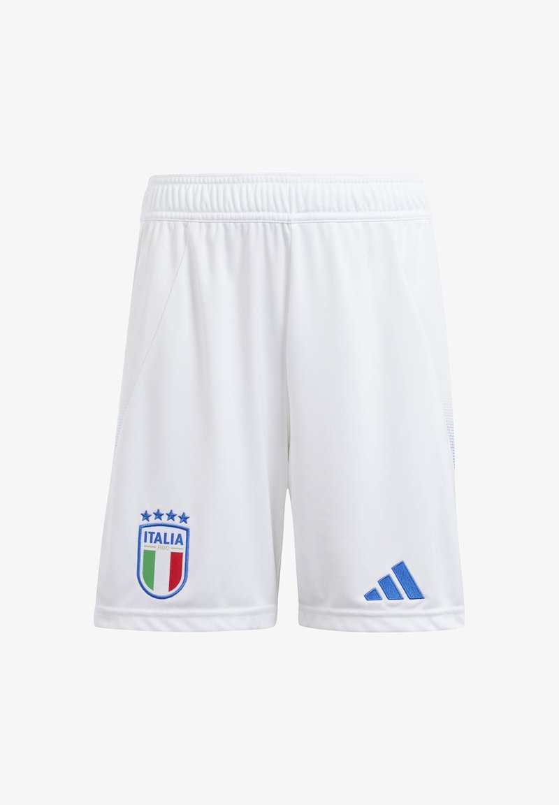Białe sportowe szorty z elastycznym pasem, z niebieskim logo Adidas oraz haftem z emblematem "ITALIA" z tarczą i gwiazdami.