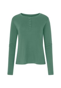 Langsleeve henley-shirt in bosgroen, gemaakt van zacht materiaal, met een ronde halslijn, knoopsluiting en een gevarieerd patroon.