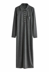 Šedé dlouhé šaty s límcem, pletený materiál, zap�ínání na knoflíky a jedna náprsní kapsa. Hladká textura a rovný střih.