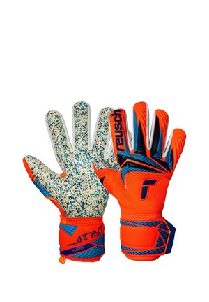 Gants de gardien de but orange vif et bleu avec paumes blanches mouchetées et texturées, sangles de poignet réglables et marquage visible de Reusch.