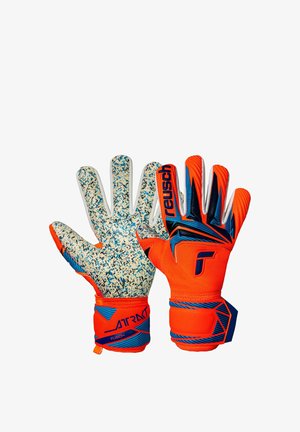 Fel oranje en blauwe doelmanhandschoenen met getextureerde witte gevlekte handpalmen, verstelbare polsbandjes en zichtbare Reusch-branding.