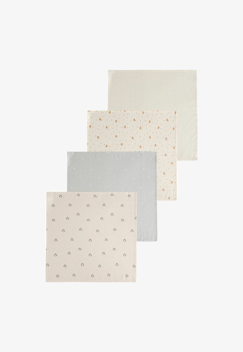 Quatre sets de table en lin aux teintes variées : beige clair, gris et crème, ornés de motifs de cercles et de petits symboles, avec une finition texturée.