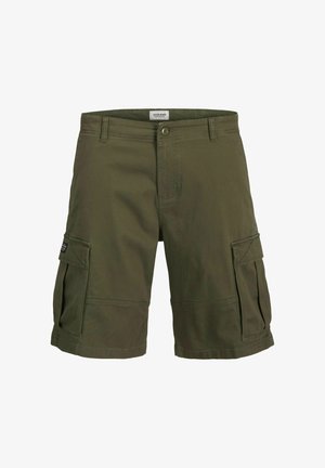 Olivengrüne Cargo-Shorts aus Baumwolle mit zwei großen Seitentaschen, einem Knopfverschluss und einem geraden Schnitt.