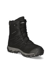 Schwarzer Wanderschuh mit textilem Obermaterial, verstärkter Zehenkappe und profiliertem Gummisohle. Ausgestattet mit kontrastierenden grauen Akzenten und Schnürdesign.