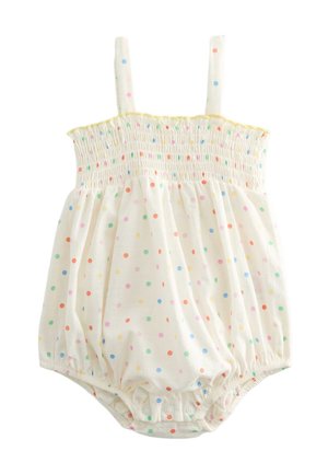 Weißer Baby-Overall mit mehrfarbigen Punkten, gerafftem Oberteil, Schulterträgern und Druckknöpfen im Schritt für einfaches Windelwechseln.