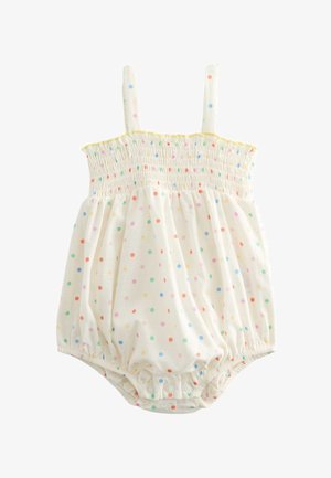 Biały kombinezon dla niemowląt w wielokolorowe groszki, z marszczoną górą, ramiączkami na ramiona i zatrzaskami w kroku dla łatwej zmiany pieluszki.