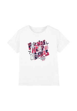 White short-sleeve T-shirt with red and black text "Friends Help Friends" and "Stranger Things The Upside Down" logo.