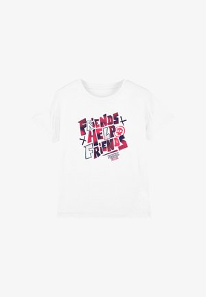 White short-sleeve T-shirt with red and black text "Friends Help Friends" and "Stranger Things The Upside Down" logo.