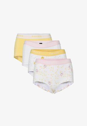 Set van vier katoenen damesonderbroeken in geel, roze en wit; met bloemen- en smiley-gezichtpatronen; elastische taillebanden met het "PIECES" logo.