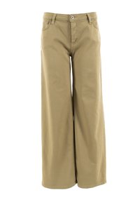 Pantalones de pierna ancha color caqui, elaborados con tela de algodón, que cuentan con un cierre de botón, bolsillos laterales y un diseño de parte delantera plana. Textura suave sin patrones.