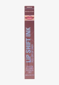 Confezione rettangolare marrone con finitura lucida, caratterizzata da testo blu che recita "LIP SHIFT INK" e una sezione che rappresenta delle labbra. Dimensione: 0,06 fl. oz.