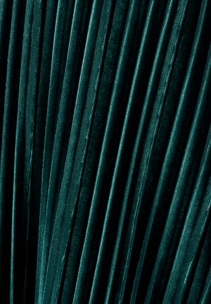 Tiefgrüner Samtstoff mit vertikalen Falten, der eine glatte Textur und einen subtilen Glanz zeigt. Die Falten schaffen ein rhythmisches Muster über die Oberfläche.