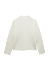 Witte gebreide trui met een hoge halslijn, wijde mouwen en een relaxte pasvorm. Heeft een geribbelde textuur en een cropped lengte.